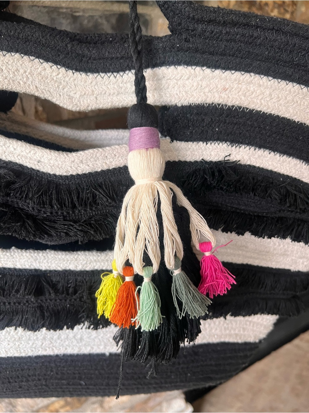 Stella & Dot Black & White Striped Fringe Tote Bag with Colorful Tassels - Picture 2 of 5